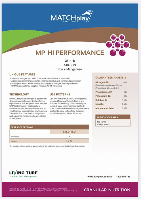 MP Hi Performance Fertiliser (31-1-8 + 1.5Fe + 0.5Mn) - 20kg